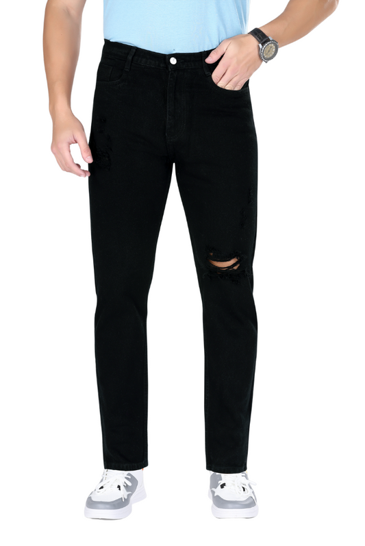 MQ Denim Mid-Rise Black Non Stretchable Pure Cotton Straight Fit Ripped Jeans
