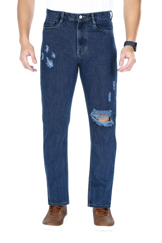 MQ Denim Mid-Rise Dark Blue Non Stretchable Pure Cotton Straight Fit Ripped Jeans