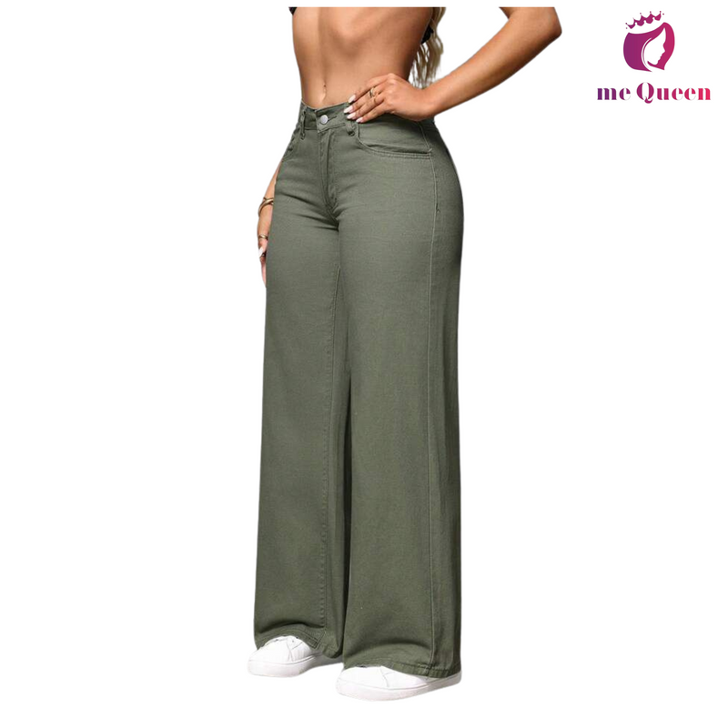 me Queen wide leg flare loose fit baggy women's Olive Green Color jeans