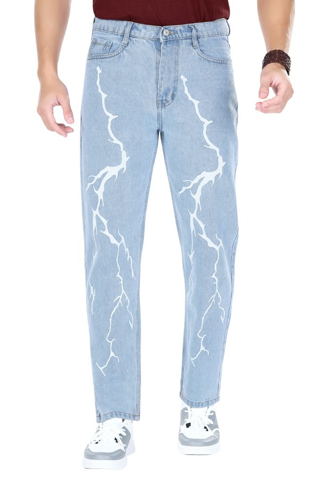 MQ Denim Straight Fit Non-Stretchable Light Blue Mid Rise Lightening Printed Pure Cotton Premium Fabric Men's Jeans