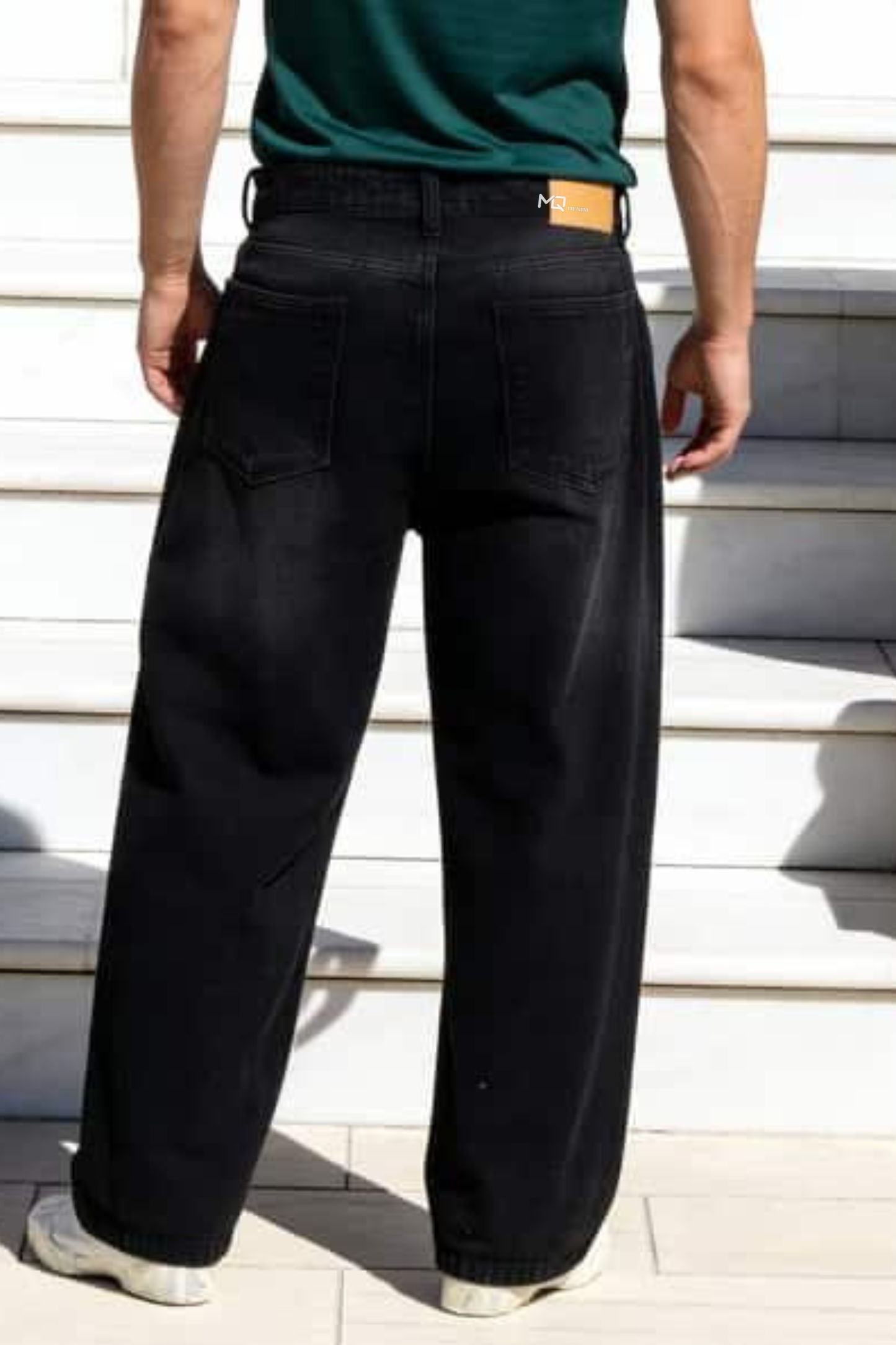 M Q Men’s Straight Fit Loose Jeans | Mid Wash Whisker Spray Denim | Comfortable Heavy Cotton | Casual Wear | Black