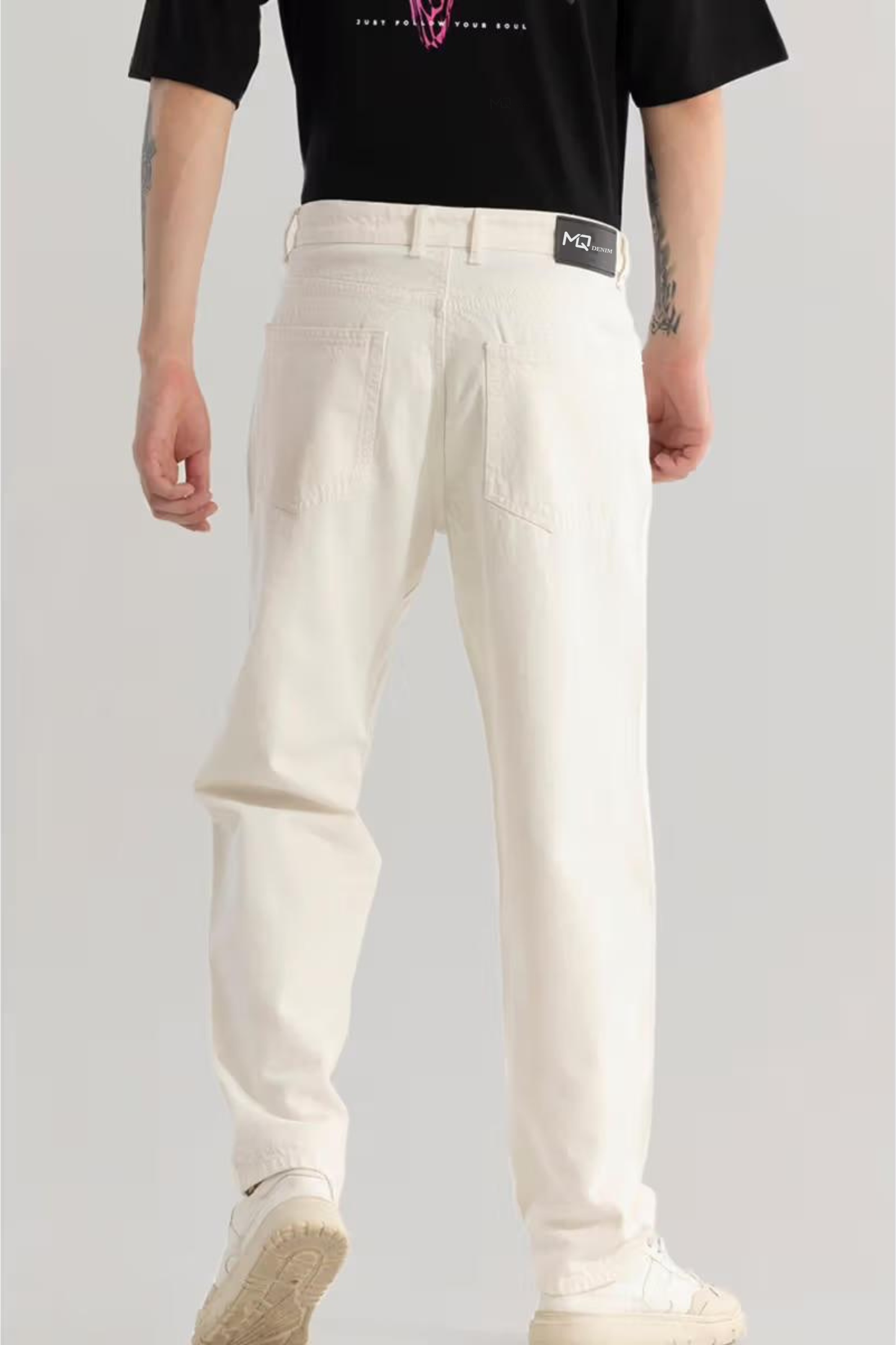 M Q Denim Men Cream Straight Fit Denim Jeans | Mid Rise | Soft Cotton Fabric | Everyday Style
