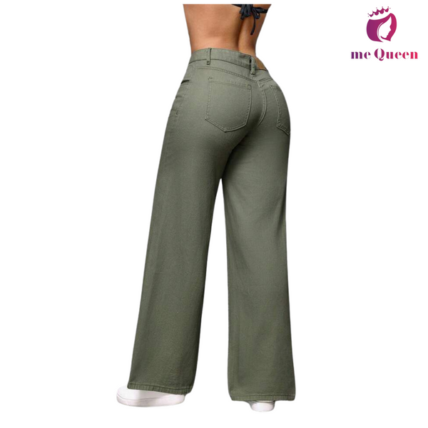 me Queen wide leg flare loose fit baggy women's Olive Green Color jeans
