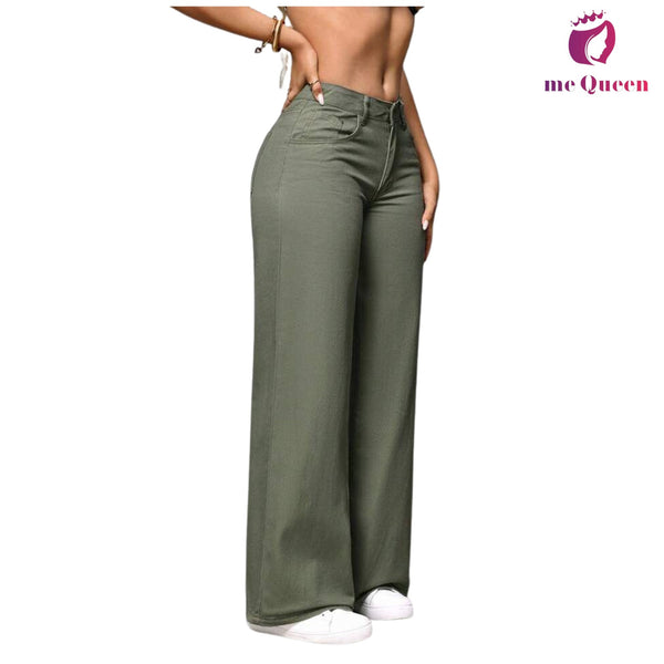 me Queen wide leg flare loose fit baggy women's Olive Green Color jeans