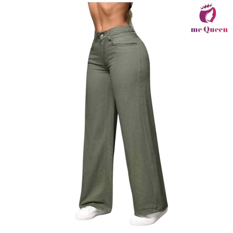 me Queen wide leg flare loose fit baggy women's Olive Green Color jeans