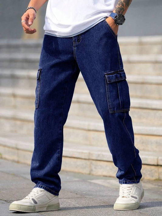 MQ Denim Men's Wide Leg 6-Pocket Cargo Mid Rise Dark Blue Jeans, Non-Stretchable and Pure Cotton Denim. Trendy and Comfortable Casual Wear
