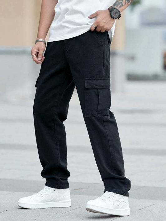 MQ Denim Men's Wide Leg 6-Pocket Cargo Mid Rise Black Jeans, Non-Stretchable and Pure Cotton Denim. Trendy and Comfortable Casual Wear