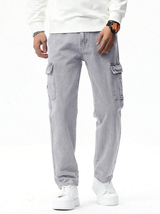 MQ Denim Men's Wide Leg 6-Pocket Cargo Mid Rise Grey Jeans, Non-Stretchable and Pure Cotton Denim. Trendy and Comfortable Casual Wear