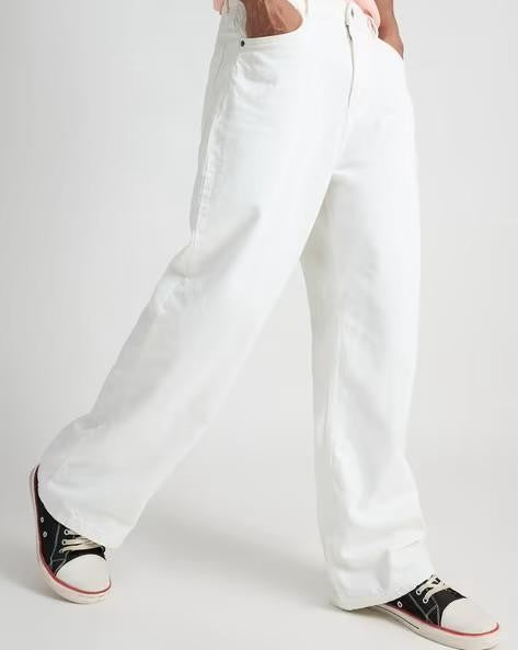 M Q Jeans Men Straight Fit Jeans | White Cotton Denim | Mid Rise | Comfortable Casual Wear