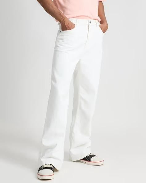 M Q Jeans Men Straight Fit Jeans | White Cotton Denim | Mid Rise | Comfortable Casual Wear