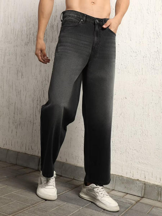 M Q Men’s Straight Fit Cotton Denim Jeans | Mid Rise | Whisker Spray | Light Fade | Black | Everyday Casual Wear