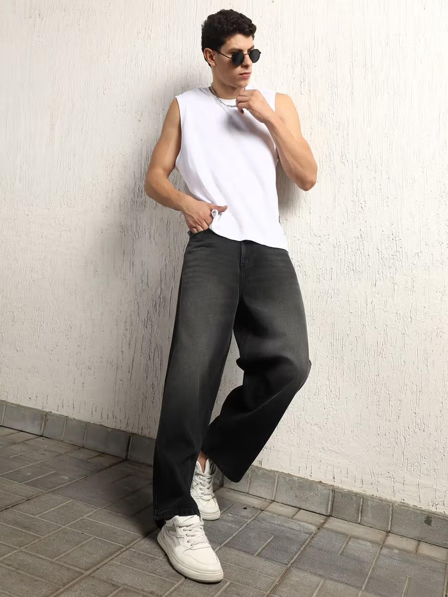 M Q Men’s Straight Fit Cotton Denim Jeans | Mid Rise | Whisker Spray | Light Fade | Black | Everyday Casual Wear