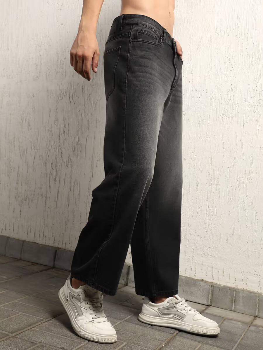 M Q Men’s Straight Fit Cotton Denim Jeans | Mid Rise | Whisker Spray | Light Fade | Black | Everyday Casual Wear