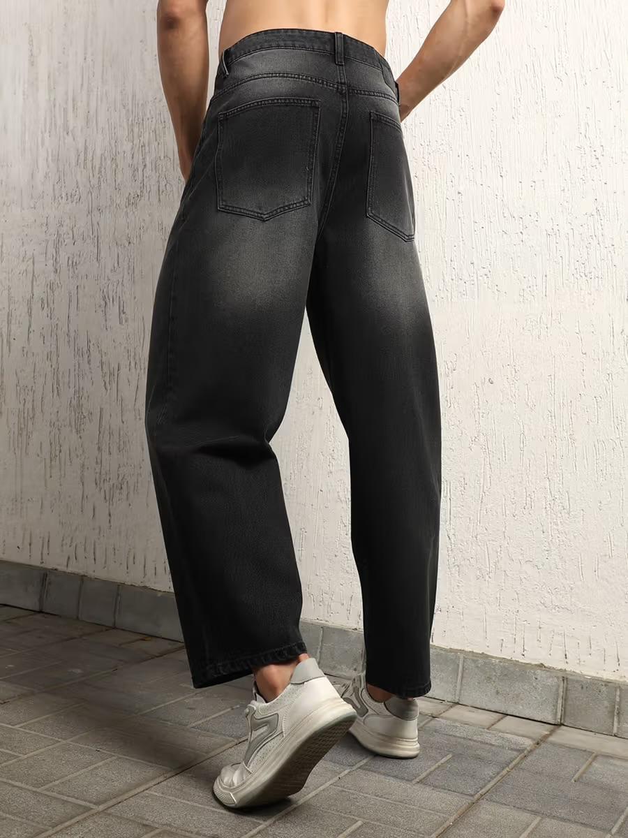 M Q Men’s Straight Fit Cotton Denim Jeans | Mid Rise | Whisker Spray | Light Fade | Black | Everyday Casual Wear