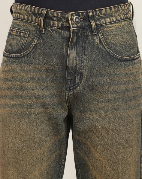 M Q Men’s Straight Fit Cotton Denim Jeans | Mid Rise | Whisker Spray | Light Fade | Rust | Everyday Casual Wear