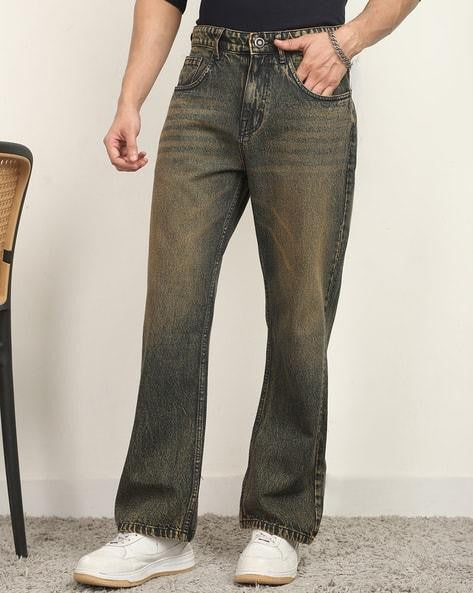 M Q Men’s Straight Fit Cotton Denim Jeans | Mid Rise | Whisker Spray | Light Fade | Rust | Everyday Casual Wear