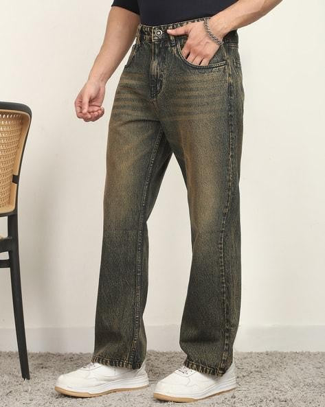 M Q Men’s Straight Fit Cotton Denim Jeans | Mid Rise | Whisker Spray | Light Fade | Rust | Everyday Casual Wear