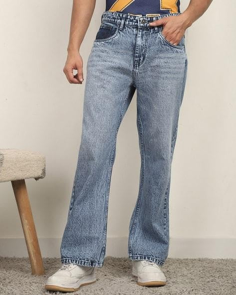 M Q Men’s Straight Fit Cotton Denim Jeans | Mid Rise | Whisker Spray | Light Fade | Light Blue | Everyday Casual Wear