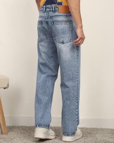 M Q Men’s Straight Fit Cotton Denim Jeans | Mid Rise | Whisker Spray | Light Fade | Light Blue | Everyday Casual Wear