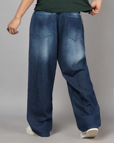 M Q Men’s Straight Fit Loose Jeans | Mid Wash Whisker Spray Denim | Comfortable Heavy Cotton | Casual Wear | Dark Blue