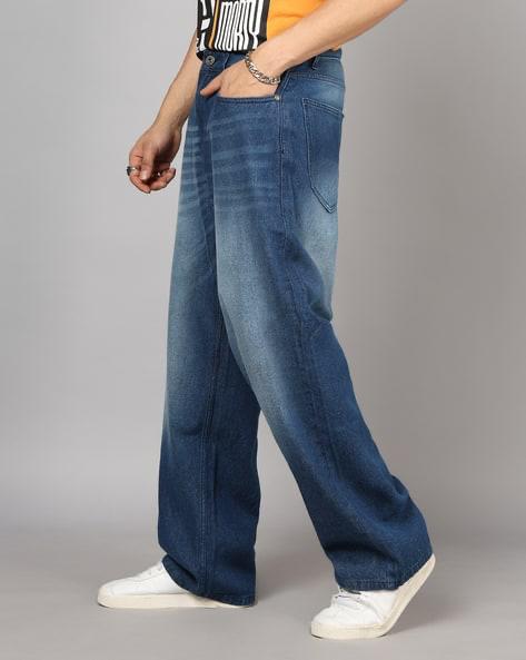 M Q Jeans Men’s Mid Wash Straight Fit Loose Jeans | Whisker Spray Denim | Comfortable Casual Wear | Dark Blue