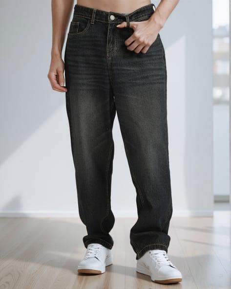 M Q Jeans Men’s Straight Fit Loose Denim Jeans | Mid Wash Whisker Spray | Heavy Cotton Casual Wear | Black