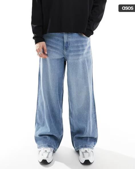 M Q Jeans Men’s Mid Wash Straight Fit Loose Jeans | Whisker Spray Denim | Comfortable Casual Wear | Stone Blue