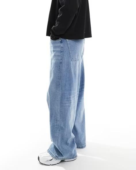 M Q Jeans Men’s Mid Wash Straight Fit Loose Jeans | Whisker Spray Denim | Comfortable Casual Wear | Stone Blue