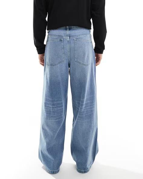 M Q Jeans Men’s Mid Wash Straight Fit Loose Jeans | Whisker Spray Denim | Comfortable Casual Wear | Stone Blue