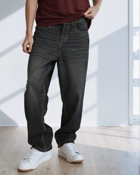 M Q Jeans Men’s Straight Fit Loose Denim Jeans | Mid Wash Whisker Spray | Heavy Cotton Casual Wear | Black