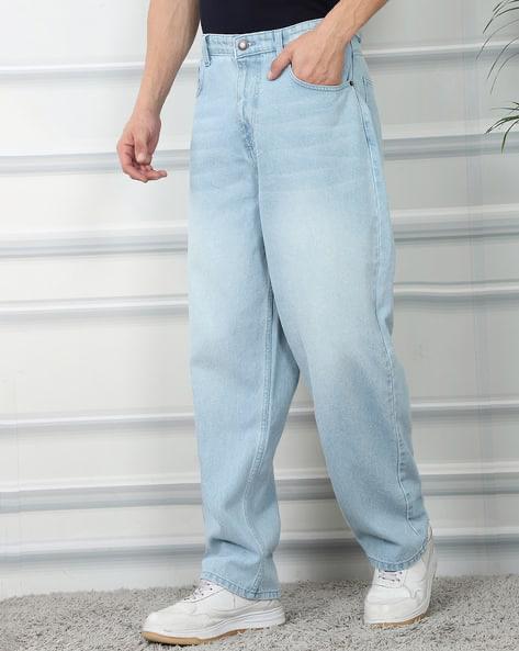 M Q Jeans Men’s Straight Fit Loose Denim Jeans | Mid Wash Whisker Spray | Heavy Cotton Casual Wear | Ice Blue