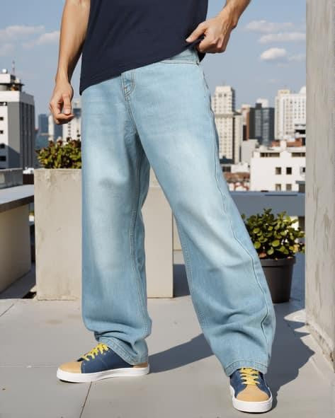 M Q Jeans Men’s Mid Wash Straight Fit Loose Jeans | Whisker Spray Denim | Comfortable Casual Wear | Ice Blue