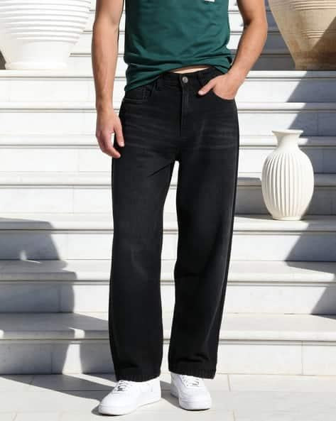 M Q Men’s Straight Fit Loose Jeans | Mid Wash Whisker Spray Denim | Comfortable Heavy Cotton | Casual Wear | Black