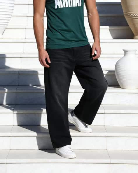 M Q Men’s Straight Fit Loose Jeans | Mid Wash Whisker Spray Denim | Comfortable Heavy Cotton | Casual Wear | Black