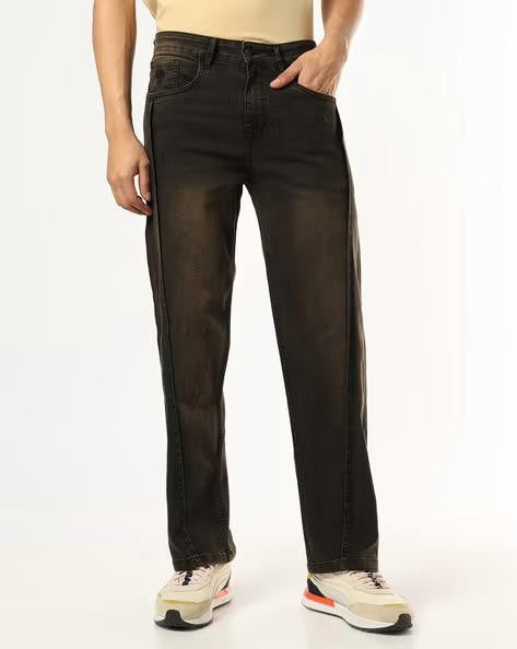 M Q Men’s Straight Fit Loose Jeans | Mid Wash Whisker Spray Denim | Comfortable Heavy Cotton | Casual Wear | Rust