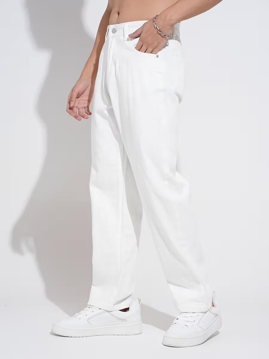 M Q Denim Men Straight Fit Jeans | White Cotton Denim | Mid Rise | Comfortable Casual Wear