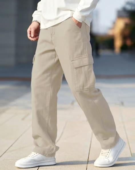 M Q Denim Men Beige Cargo Jeans | Mid Rise | 100% Cotton | Six Pocket Utility Denim | For Casual Wear