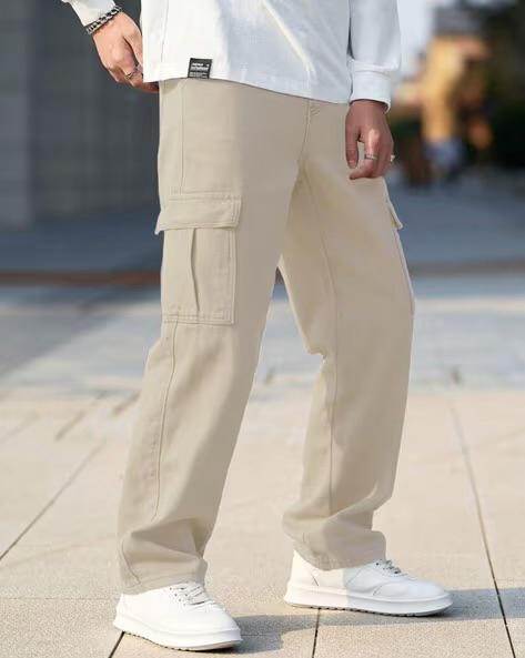 M Q Denim Men Beige Cargo Jeans | Mid Rise | 100% Cotton | Six Pocket Utility Denim | For Casual Wear