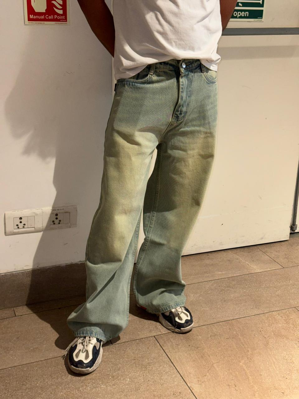 M Q Denim Men’s Light Olive Green (Faded) Super Wide Leg Denim Jeans – Relaxed Streetwear Fit