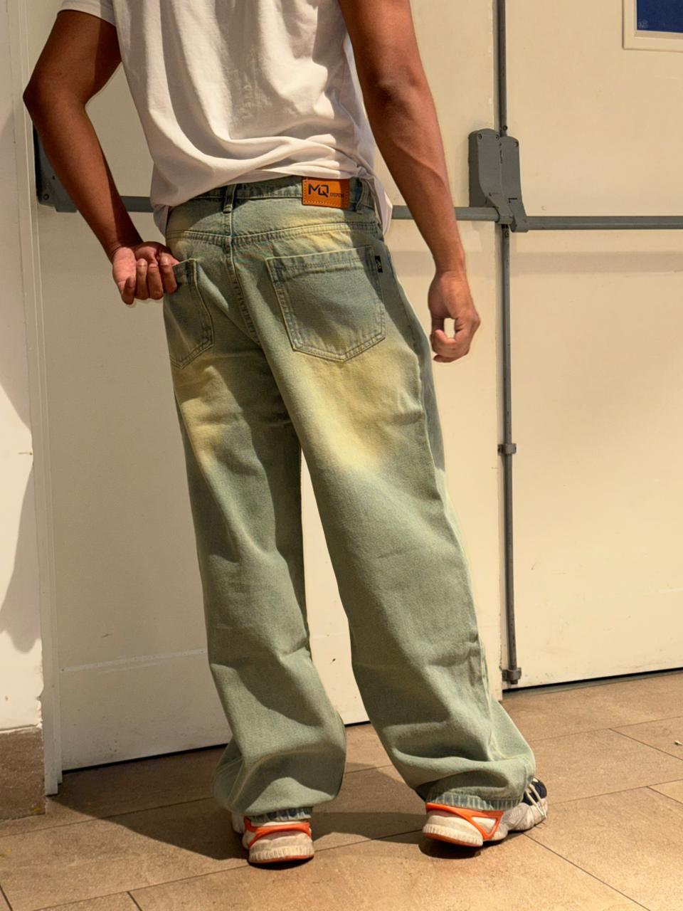 M Q Denim Men’s Light Olive Green (Faded) Super Wide Leg Denim Jeans – Relaxed Streetwear Fit