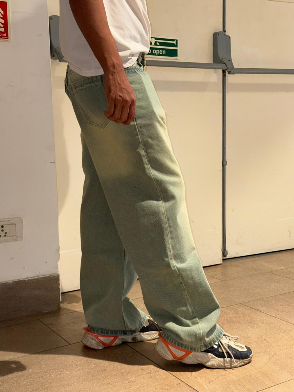 M Q Denim Men’s Light Olive Green (Faded) Super Wide Leg Denim Jeans – Relaxed Streetwear Fit