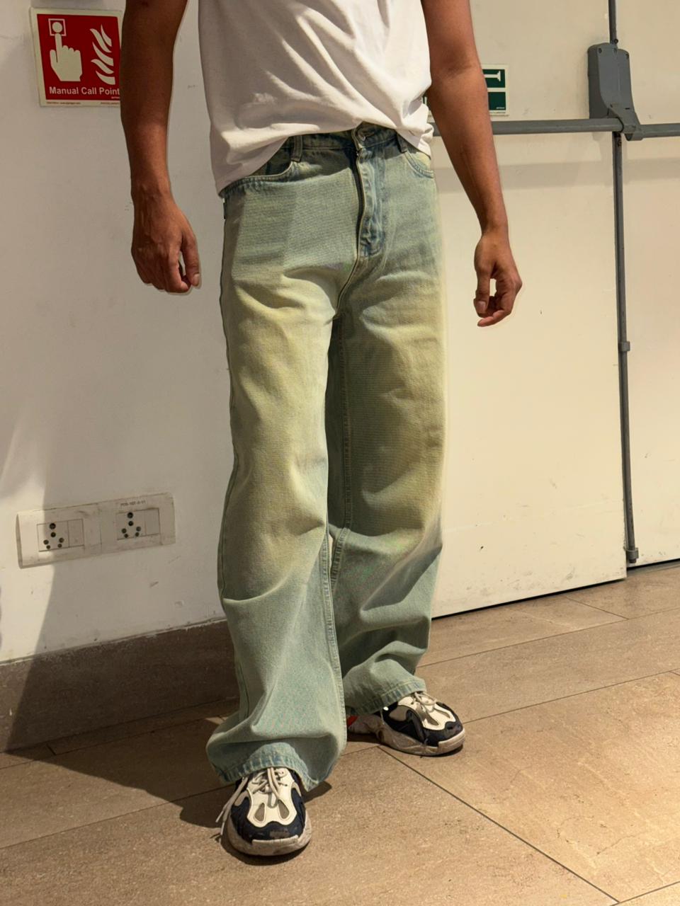 M Q Denim Men’s Light Olive Green (Faded) Super Wide Leg Denim Jeans – Relaxed Streetwear Fit