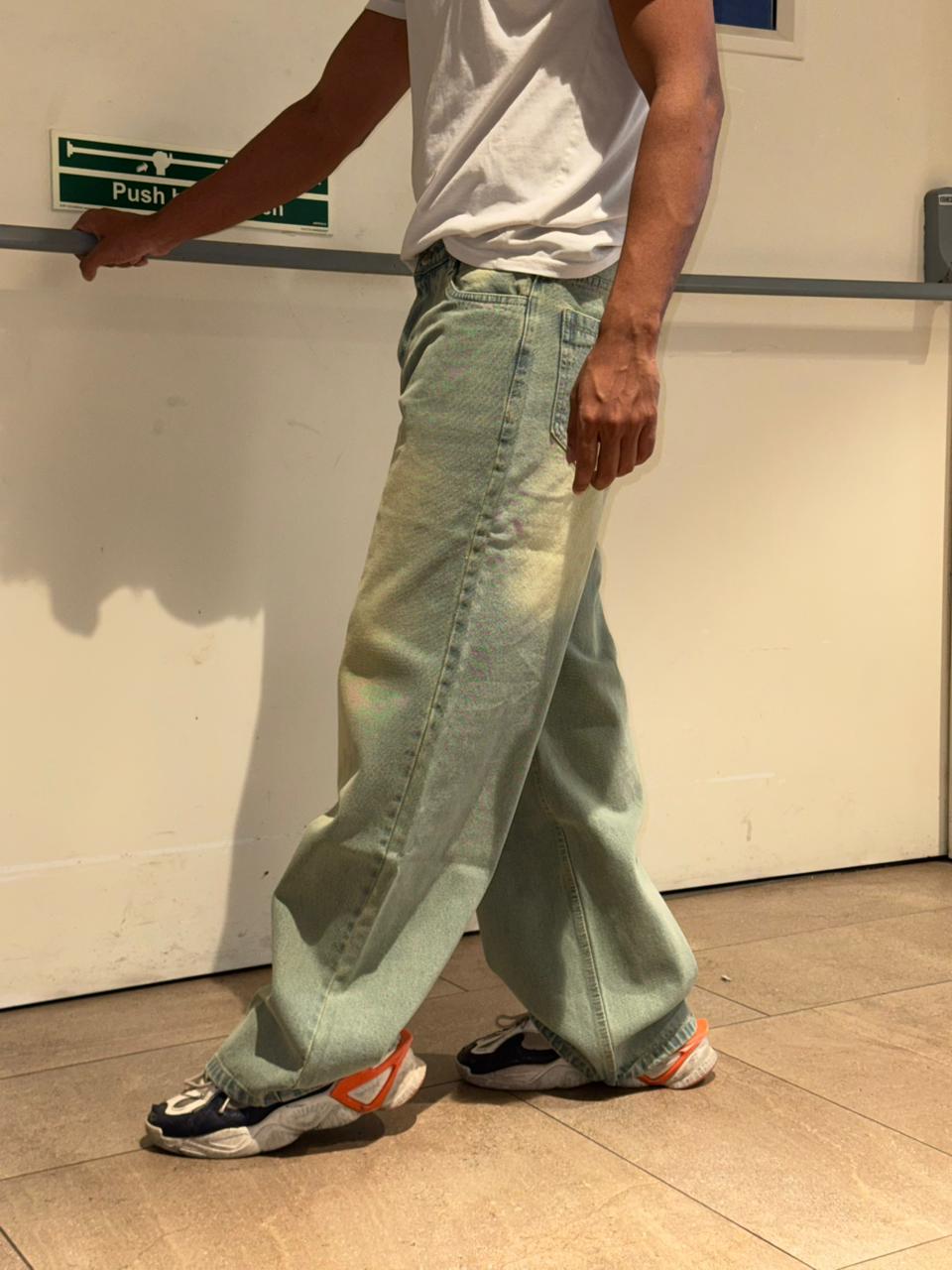 M Q Denim Men’s Light Olive Green (Faded) Super Wide Leg Denim Jeans – Relaxed Streetwear Fit