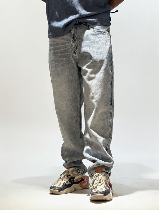 M Q Denim Ice Ballblast Tapered Leg Jeans for Men | Relaxed Fit | Washed Denim Streetwear