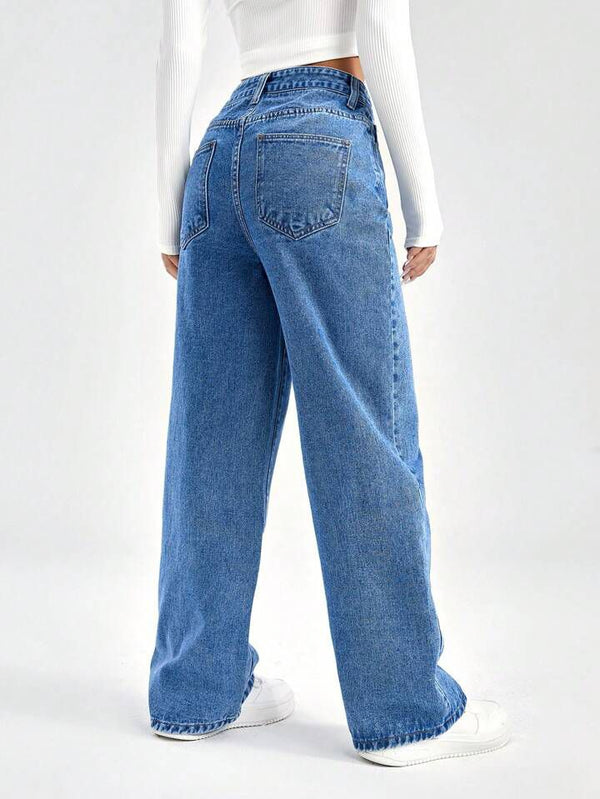 me Queen women's  wide leg flare loose fit high rise blue denim jeans