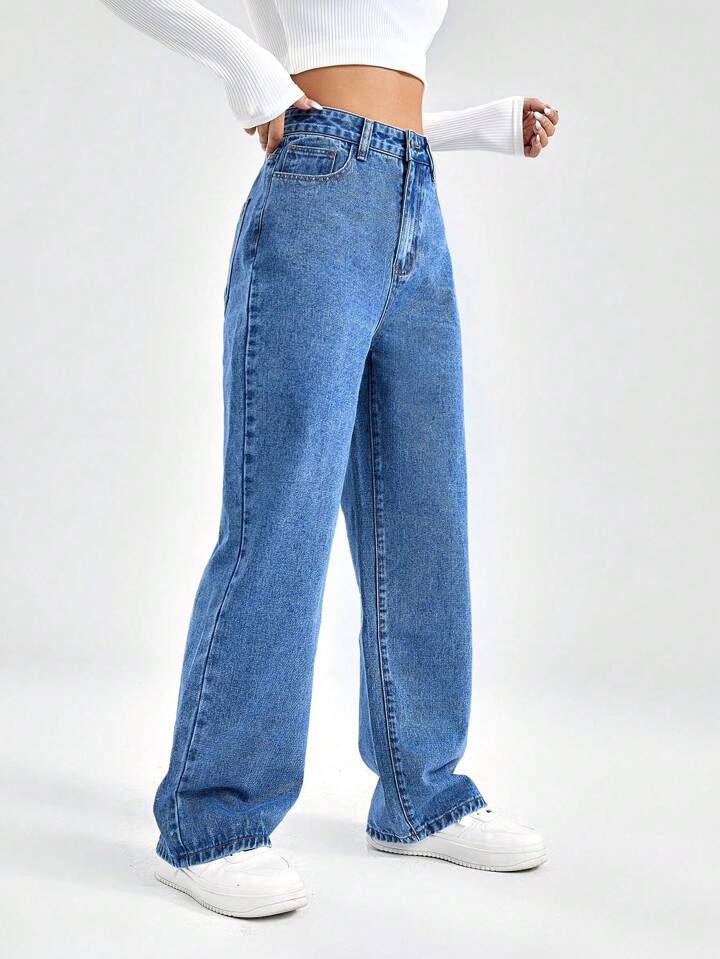 me Queen women's  wide leg flare loose fit high rise blue denim jeans