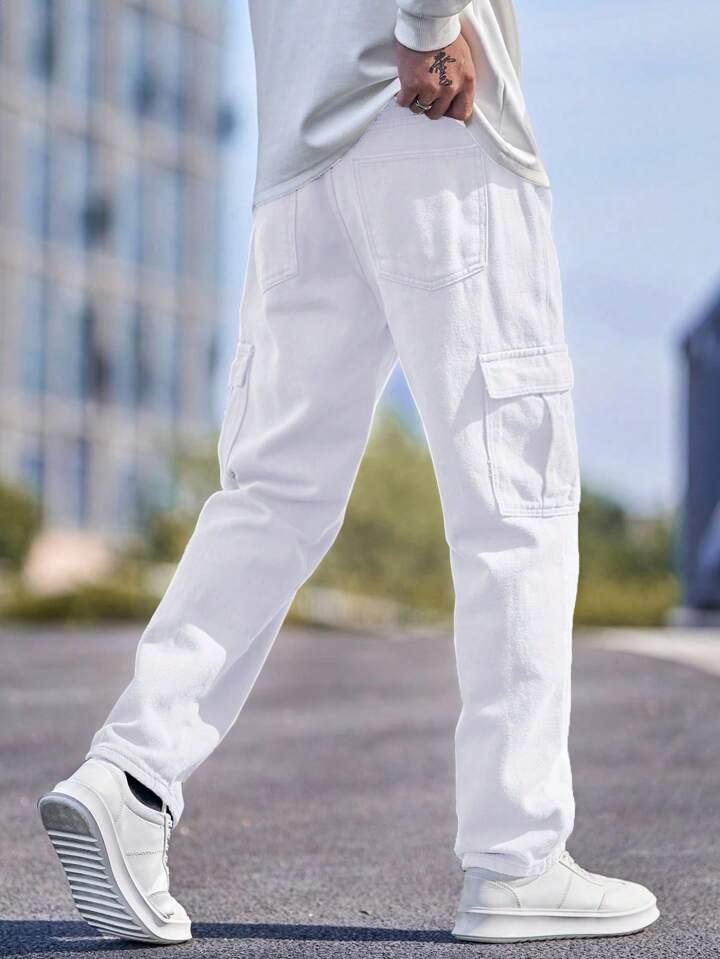 MQ Denim Men's Wide Leg 6-Pocket Cargo Mid Rise White Jeans, Non