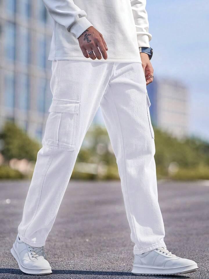 MQ Denim Men's Wide Leg 6-Pocket Cargo Mid Rise White Jeans, Non