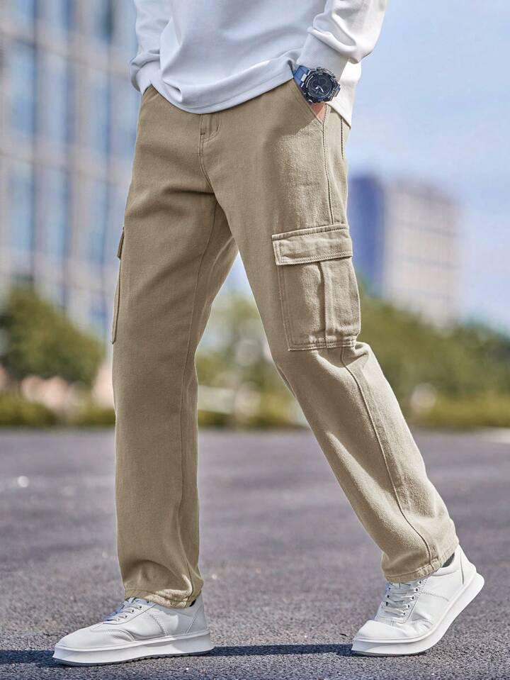 MQ Denim Men's Wide Leg 6-Pocket Cargo Mid Rise Beige Jeans, Non-Stretchable and Pure Cotton Denim. Trendy and Comfortable Casual Wear