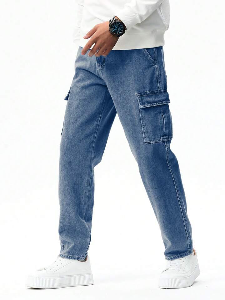 MQ Denim Men's Wide Leg 6-Pocket Cargo Mid Rise Blue Jeans, Non-Stretchable and Pure Cotton Denim. Trendy and Comfortable Casual Wear